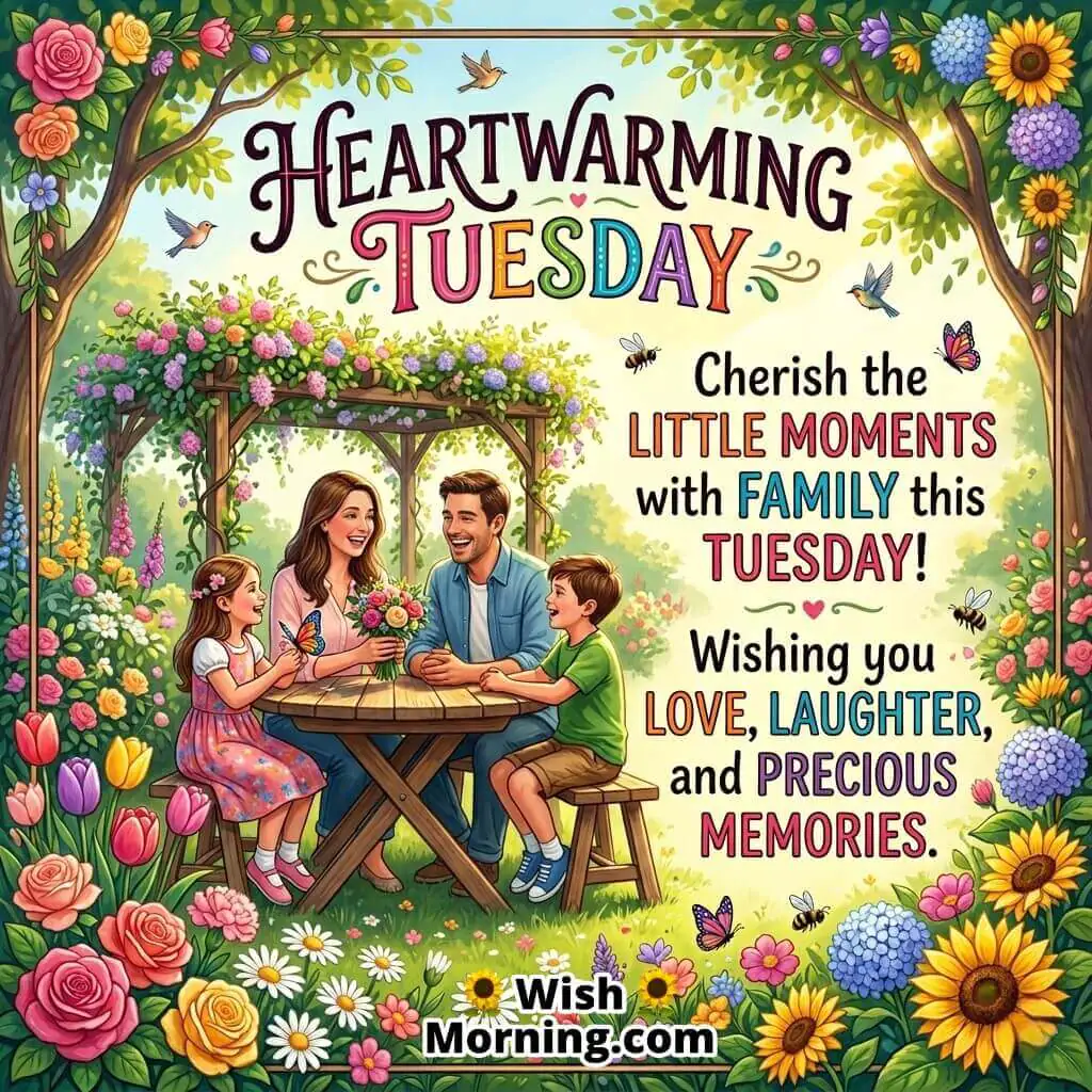 Heartwarming Tuesday message image featuring a happy family gathered in a flower-filled garden, sharing smiles and special moments, symbolising love, laughter, and togetherness.