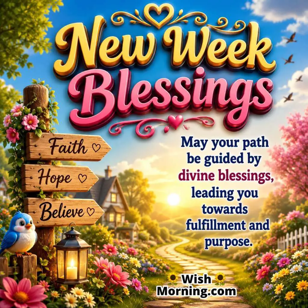 Inspirational New Week Blessings Image featuring a sunrise pathway, wooden faith signs, blooming flowers, a blue bird, and a peaceful cottage symbolizing guidance and hope.