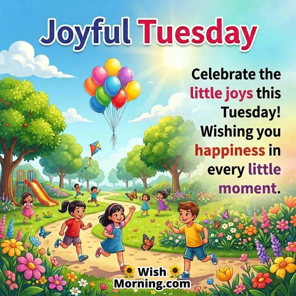 Joyful Tuesday message image featuring children playing in a colourful park with balloons, flowers, and sunshine, symbolising happiness, fun, and lifes little joys.
