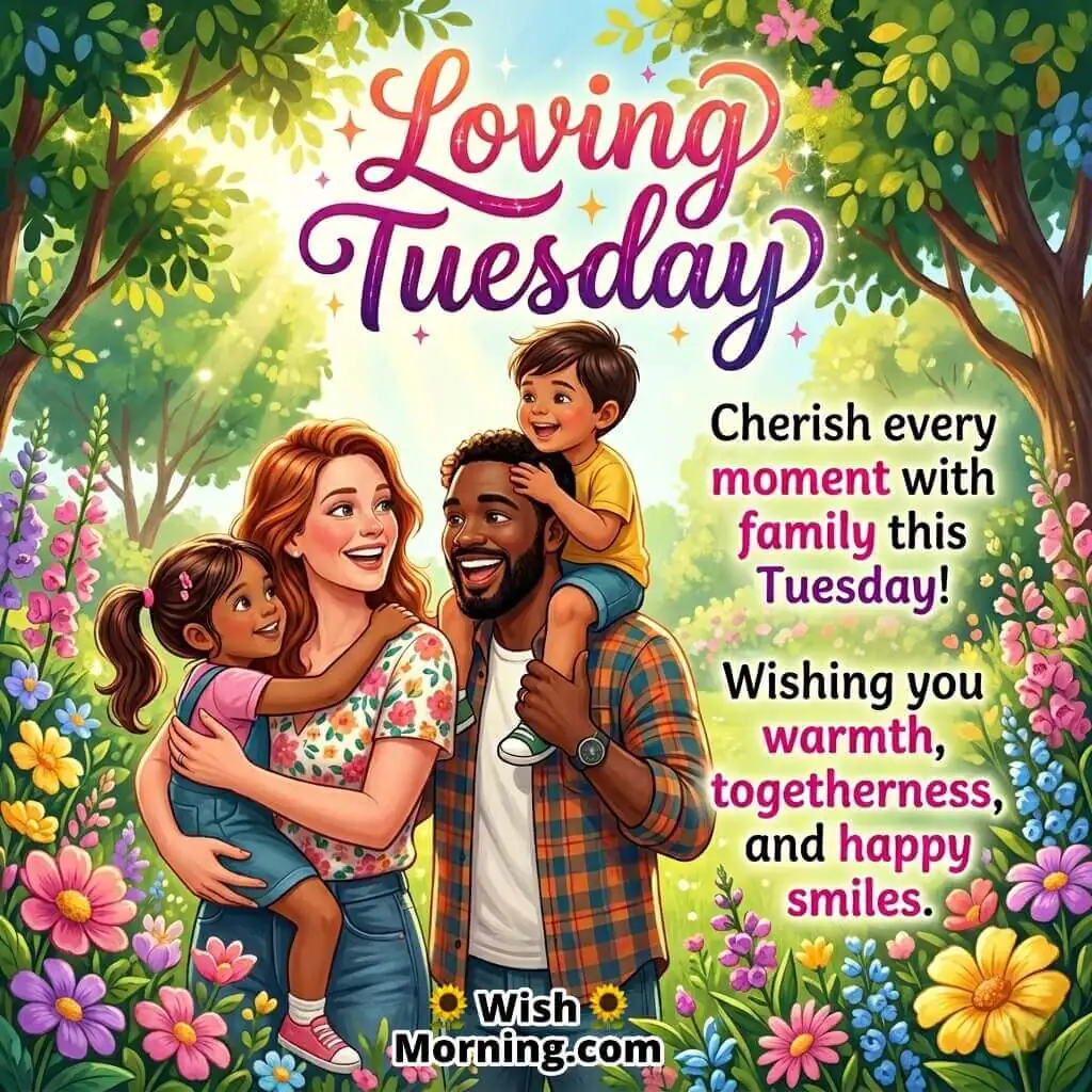 Loving Tuesday message image featuring a cheerful family embracing in a beautiful garden filled with flowers and sunshine, symbolising warmth, togetherness, and happy smiles.