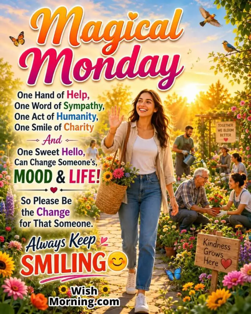 Magical Monday Kindness and Smile Message Image featuring a cheerful person walking through a vibrant community garden, greeting others with a warm smile amid colourful flowers, butterflies, birds, and golden morning sunshine, symbolizing compassion, humanity, generosity, positivity, and the power of simple acts of kindness.