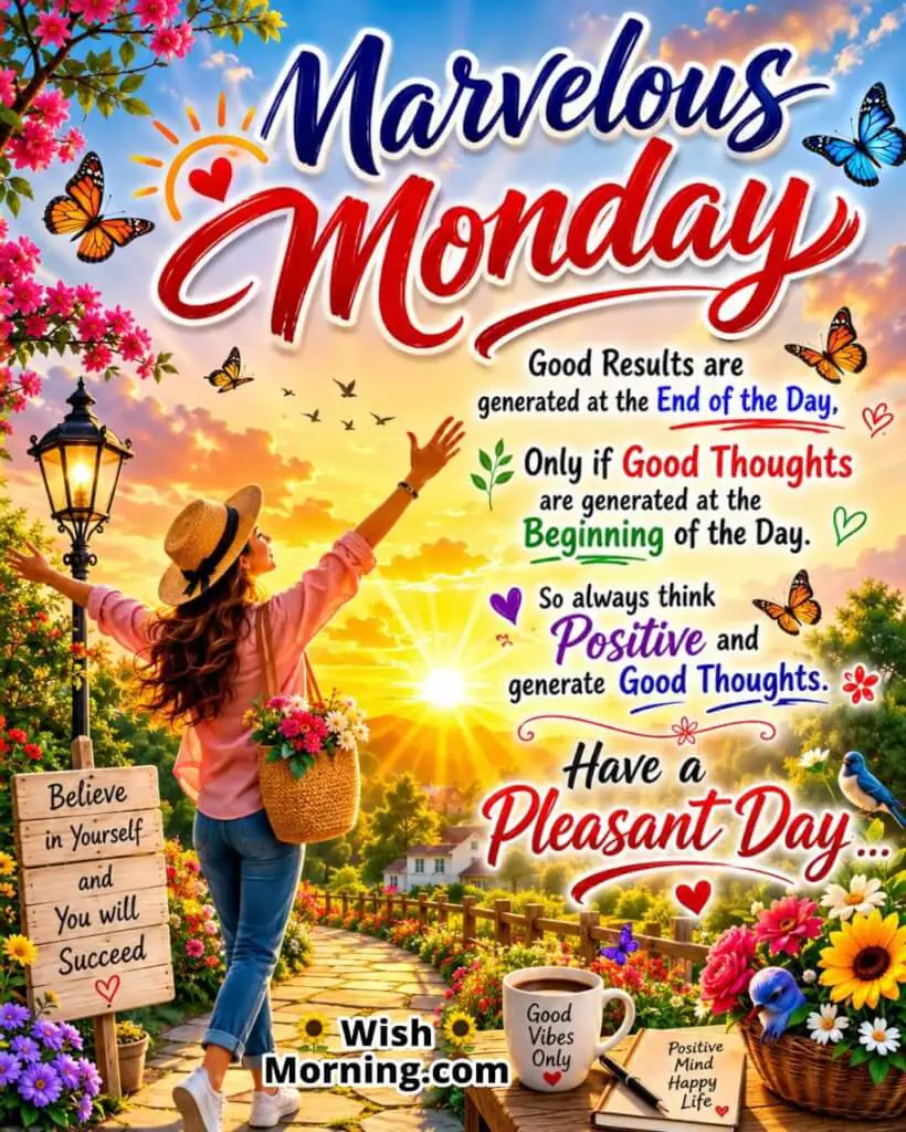 Marvelous Monday Positive Thoughts Message Image featuring a cheerful person standing on a flower-lined garden pathway at sunrise with colourful blooms, butterflies, lush greenery, and radiant golden sunlight, symbolizing positive thinking, fresh beginnings, motivation, and success throughout the day.