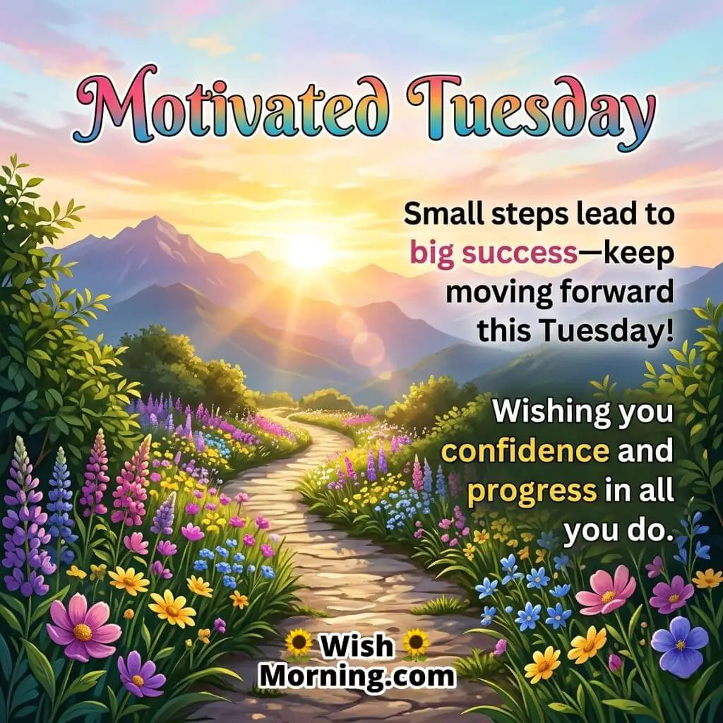 Motivated Tuesday message image showing a scenic pathway through colourful flowers toward a bright sunrise over mountains, symbolising confidence, progress, and success.
