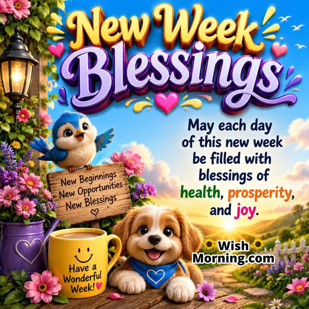 New Week Blessings for Health and Joy Image featuring a cheerful puppy, blue bird, colorful flowers, and a glowing sunrise landscape symbolizing wellness, prosperity, and joy.