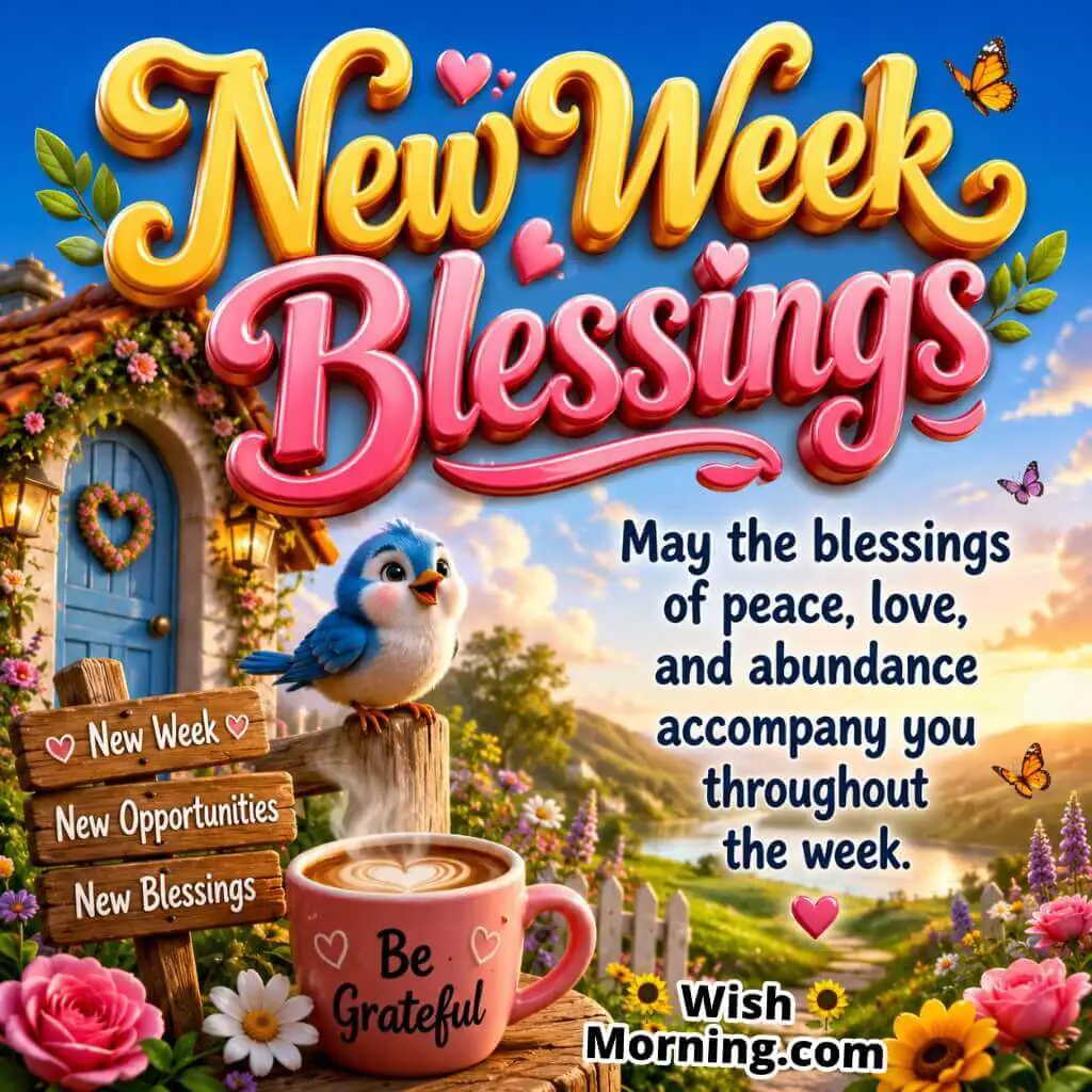 Peaceful New Week Blessings Quote Image featuring a blue bird, warm coffee cup, flower-filled countryside, and golden sunrise symbolizing peace, gratitude, and abundance.
