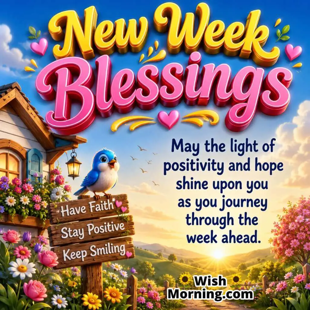 Positive New Week Blessings Message Image featuring a blue bird on inspirational wooden signs, blooming flowers, a cozy cottage, and a scenic sunrise symbolizing positivity, faith, and optimism.