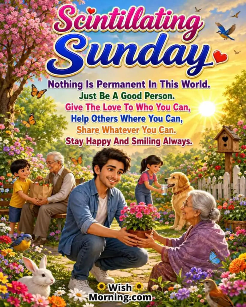 Scintillating Sunday Kindness and Happiness Quote Image featuring a cheerful smiling character helping others in a colorful sunrise garden with flowers and butterflies symbolizing kindness, generosity, compassion, and lasting happiness.