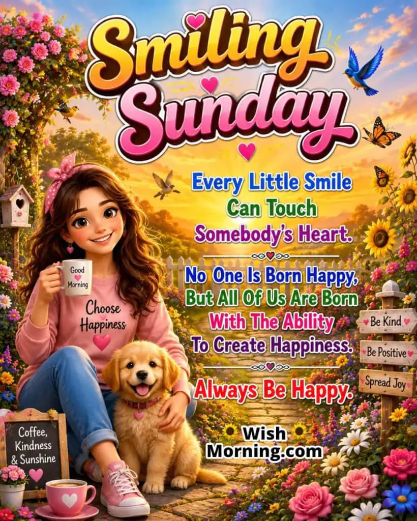 Smiling Sunday Happiness Quote Image featuring a cheerful smiling character in a colorful sunrise flower garden symbolizing positivity, kindness, and the power of creating happiness.