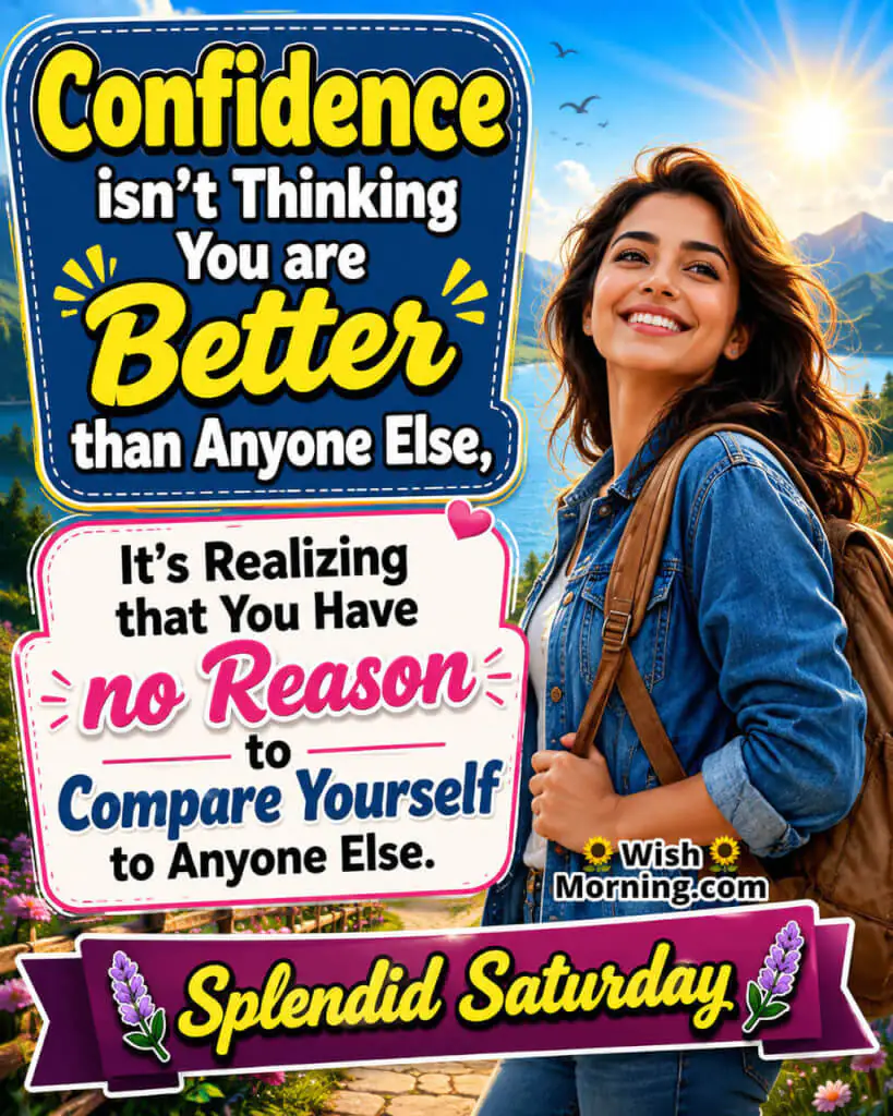 Splendid Saturday Confidence Motivational Quote Image featuring a confident smiling person with a backpack, symbolizing self-belief and avoiding comparison with others.
