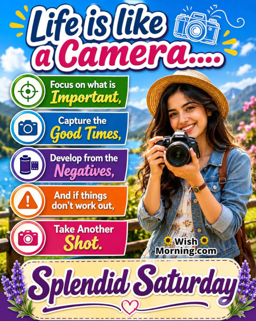 Splendid Saturday Life Motivation Quote Image featuring a smiling person holding a camera, symbolizing focusing on the good and embracing new opportunities.