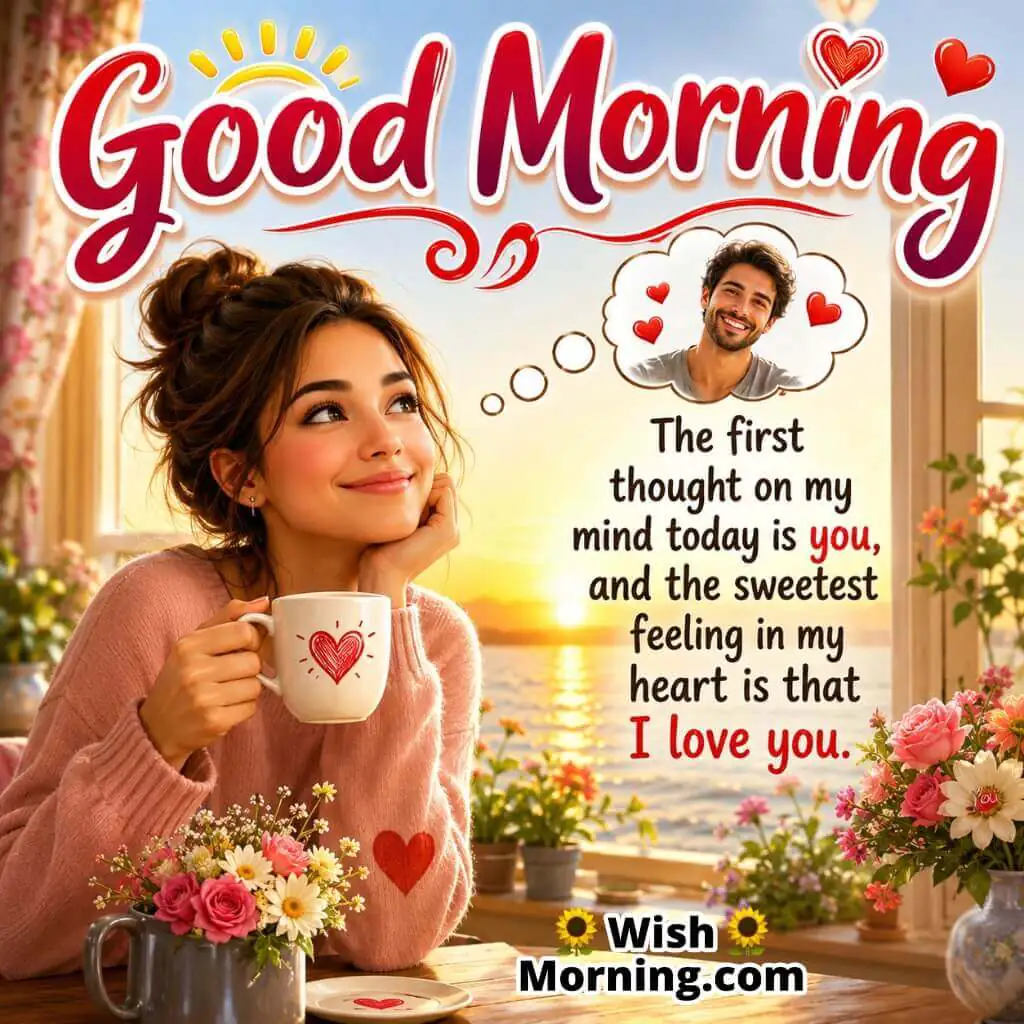 Sweet Good Morning I Love You Quote Image featuring woman enjoying sunrise coffee symbolizing affection and loving thoughts