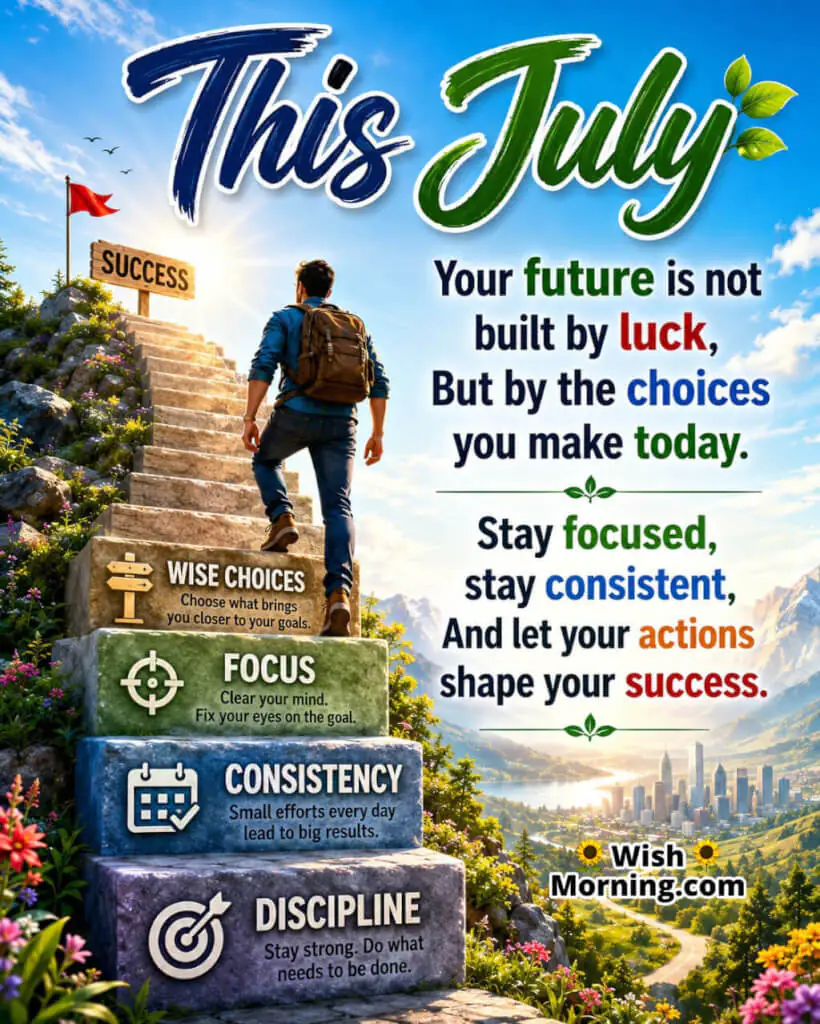 This July Success Motivation Image featuring a determined person climbing milestone steps beneath a bright blue sky with colourful surroundings symbolizing focus, discipline, wise choices, and lasting success