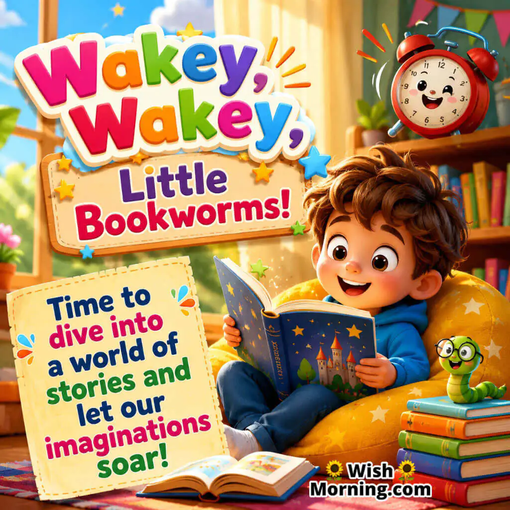 Wakey Wakey Little Bookworms Quote featuring a child reading storybooks in a cozy room symbolizing imagination, learning and adventure.