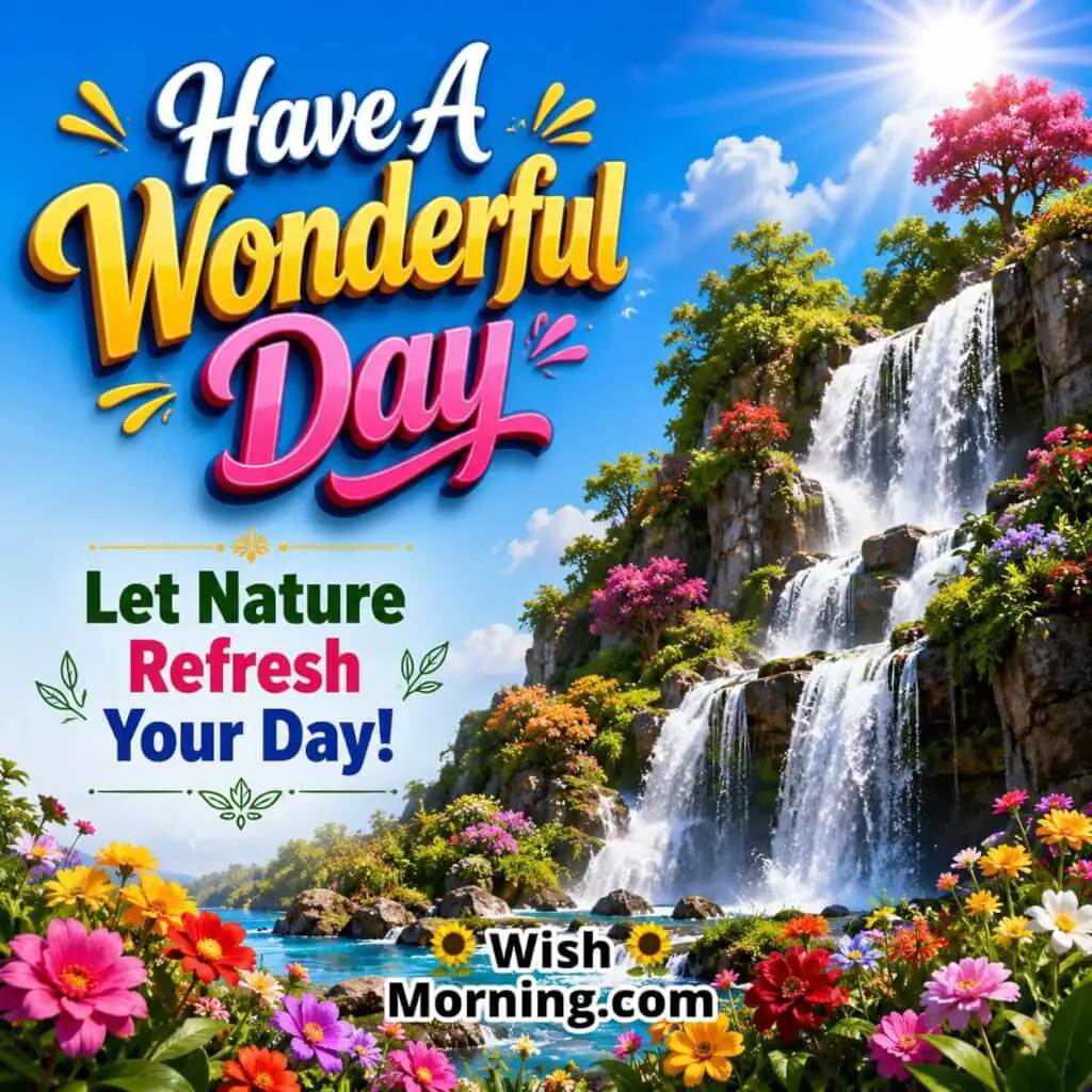 Refreshing waterfall surrounded by greenery for Have a Wonderful Day wishes.