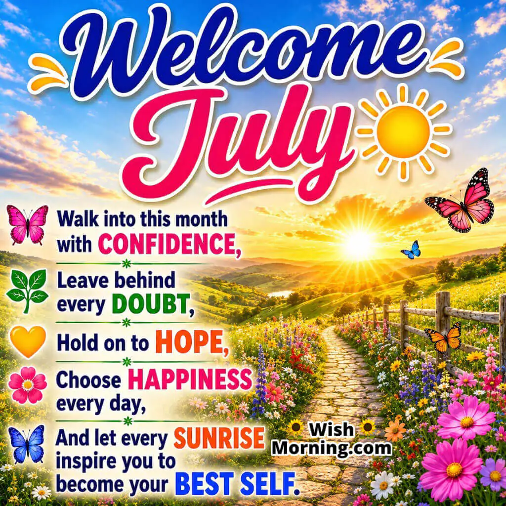 Welcome July Motivational Quote Image featuring a scenic pathway through vibrant green fields, colourful wildflowers, butterflies, and a glowing horizon symbolizing confidence, hope, and fresh starts.
