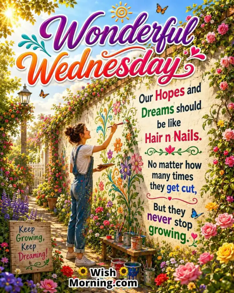 Wonderful Wednesday Hope and Dreams Quote Image featuring a cheerful person painting flourishing vines on a garden wall, symbolizing resilience and continuous growth.