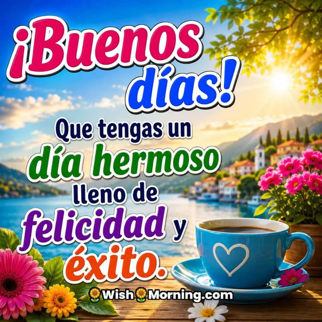 Beautiful Good Morning Spanish Happiness Wishes featuring a peaceful lakeside village, blooming flowers, and a blue coffee cup under the morning sun, symbolizing happiness, success, and a wonderful day ahead.