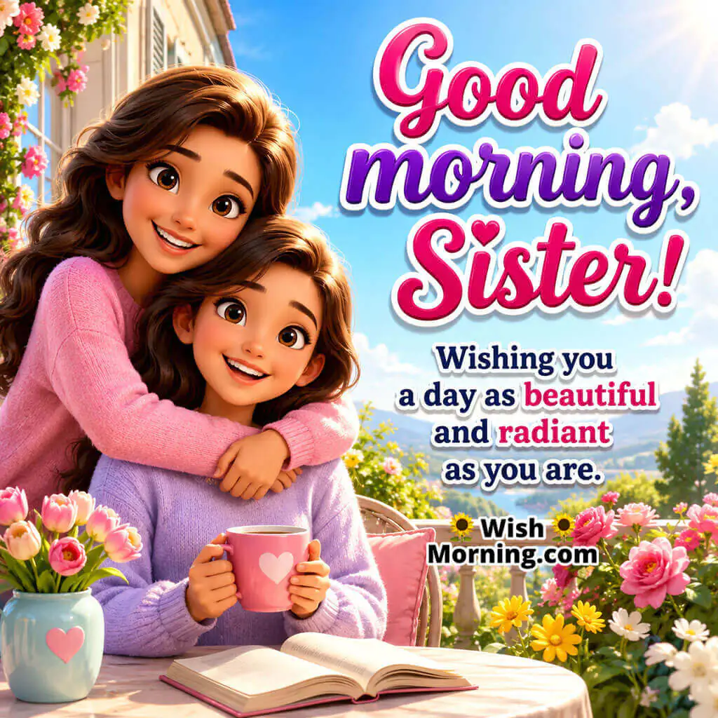 Beautiful Good Morning Wishes for Sister Image featuring two loving sisters sharing a warm hug over morning coffee in a flower-filled garden, symbolizing affection, happiness, and a bright new day together.