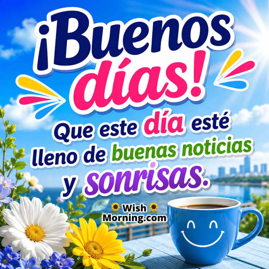 Buenos Días Good News and Smiles Image featuring a smiling coffee mug, colourful flowers, and a bright morning waterfront symbolizing happiness and positive morning wishes.