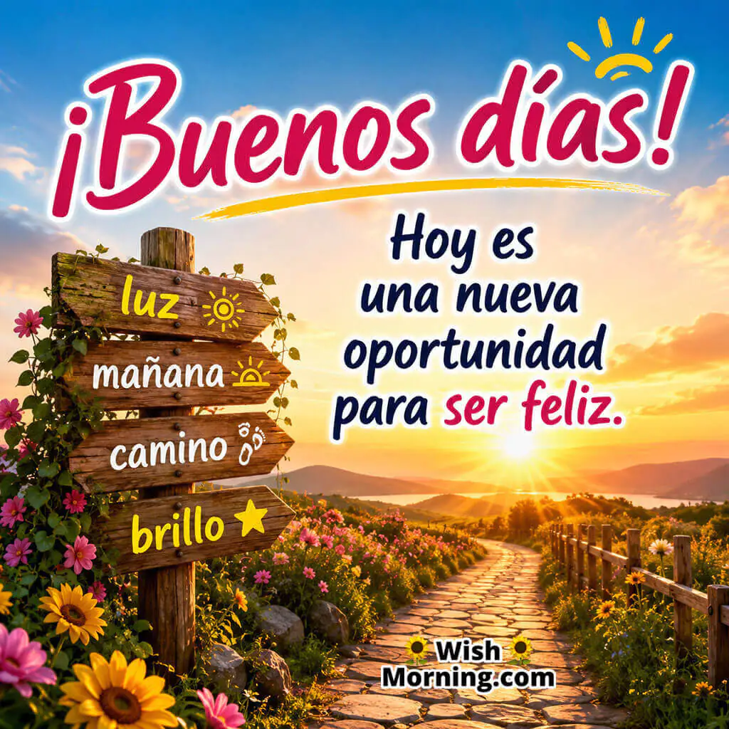 Buenos Días New Opportunity Image Featuring a golden sunrise, a flower-lined pathway, and rustic wooden signposts symbolizing fresh opportunities, optimism, happiness, and the promise of a wonderful new day.