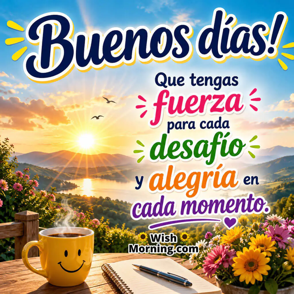 Buenos Días Strength And Joy Image Featuring a smiling yellow coffee mug, colourful flowers, a notebook, and a radiant sunrise over rolling hills symbolizing strength, joy, motivation, and positive energy for the day ahead.
