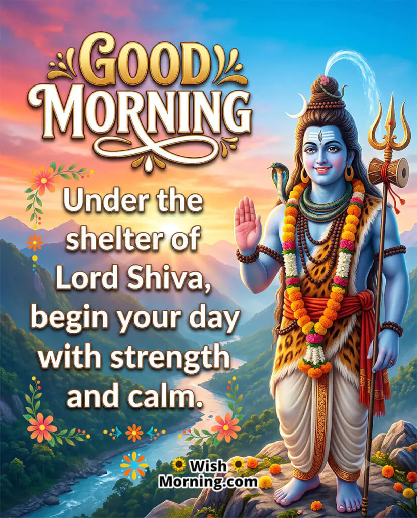 Divine Good Morning Lord Shiva Image featuring Lord Shiva standing with his blessing hand raised over a scenic mountain valley, symbolizing divine protection, strength, and inner peace.