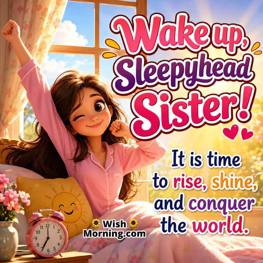 Funny Good Morning Sister Wake Up Image featuring a cheerful sister stretching in bed beside a smiling alarm clock as sunlight streams through the window, symbolizing fun, energy, and a happy morning wake-up.
