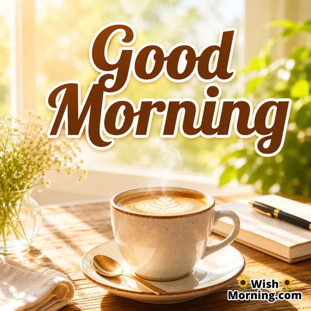 Good Morning 4K HD Coffee Cup Image featuring a steaming coffee cup on a sunlit wooden table surrounded by warm morning light, symbolizing comfort, freshness, and an energetic start to the day.