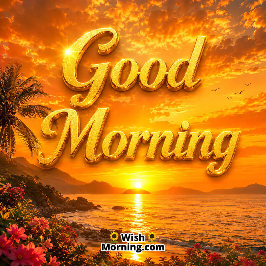 Good Morning 4k Hd Golden Sunrise Image featuring a breathtaking golden-orange sunset illuminating the sky with warm colours, creating a peaceful landscape that symbolizes hope, gratitude, and evening-inspired morning beauty.