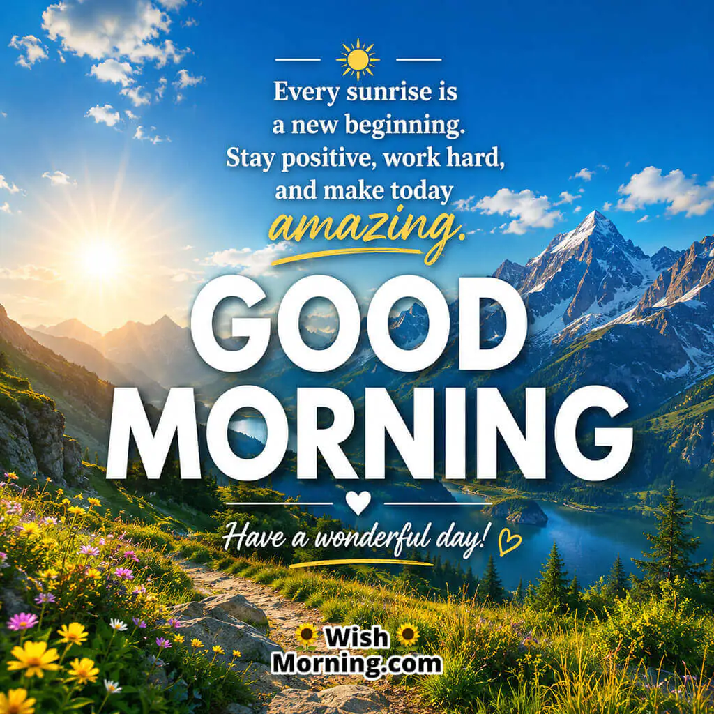 Good Morning 4K Positive Quote Image featuring majestic mountains beneath a clear blue sky with an inspiring morning quote, symbolizing positivity, motivation, confidence, and a joyful beginning to the day.