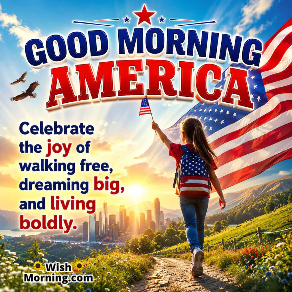 Good Morning America Dream Big Inspiration Image featuring a young girl carrying a small American flag at sunrise with a patriotic backpack and city skyline symbolizing freedom, dreams, confidence, and a bright future.