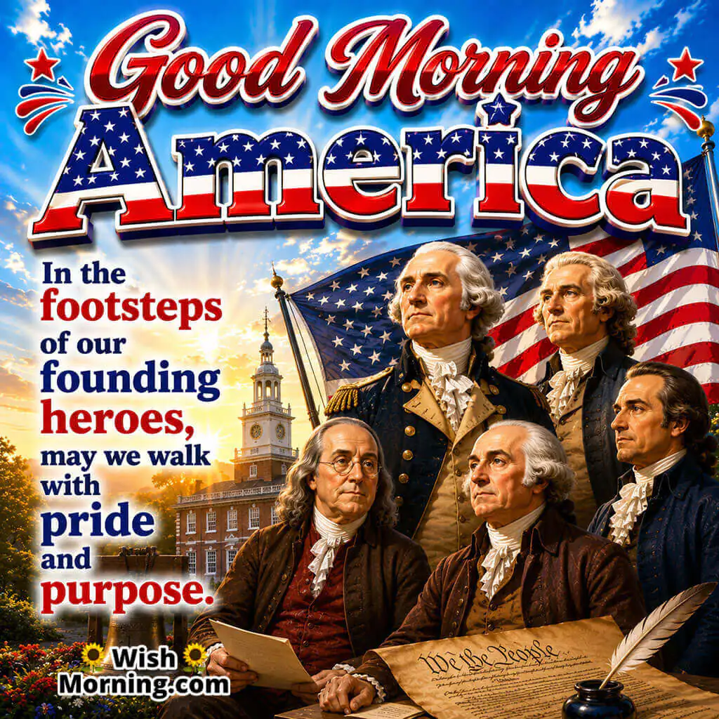 Good Morning America Founding Heroes Quote Image featuring portraits of America's founding leaders, the American flag, Independence Hall, and historic documents symbolizing leadership, pride, purpose, and freedom.