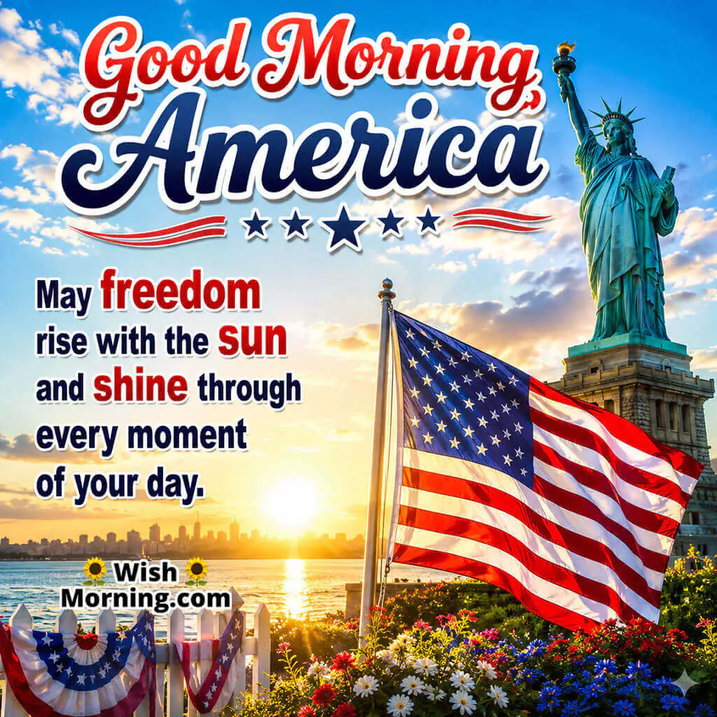 Good Morning America Freedom Wishes Image featuring the Statue of Liberty, a waving American flag, sunrise over the skyline, and colourful flowers symbolizing freedom, hope, and a bright new day.