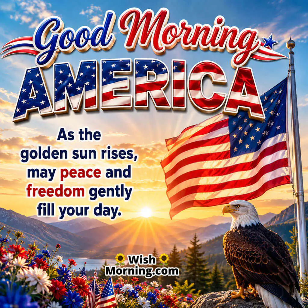 Good Morning America Peace Wishes Image featuring a bald eagle, a waving American flag, mountain sunrise, and colourful wildflowers symbolizing peace, freedom, and a hopeful new day.