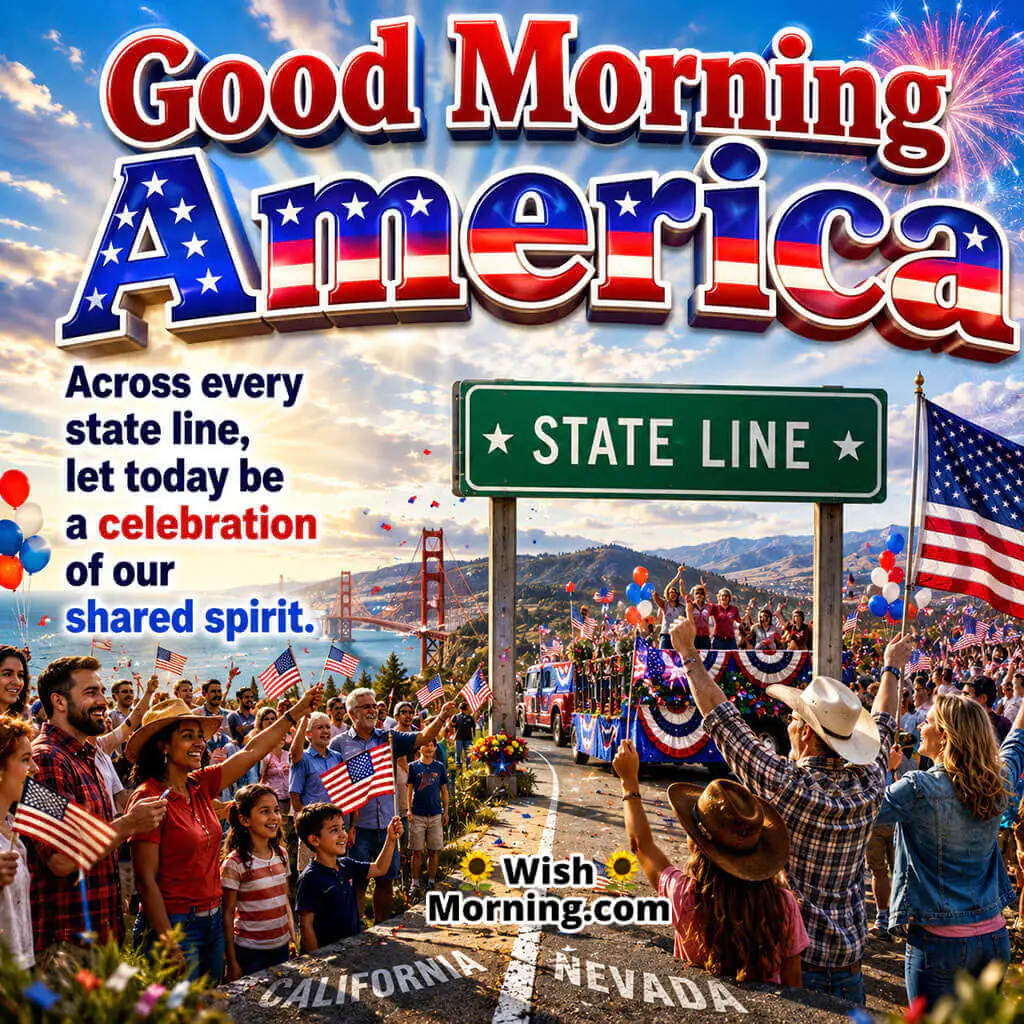Good Morning America State to State Celebration Image featuring a festive state line celebration with waving American flags, parade floats, and joyful crowds symbolizing shared spirit, unity, patriotism, and nationwide pride.