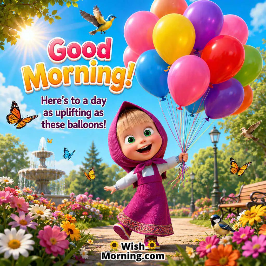 Good Morning Balloon Masha Image featuring adorable Masha holding colourful balloons in a sunny park, symbolising joy and positivity.