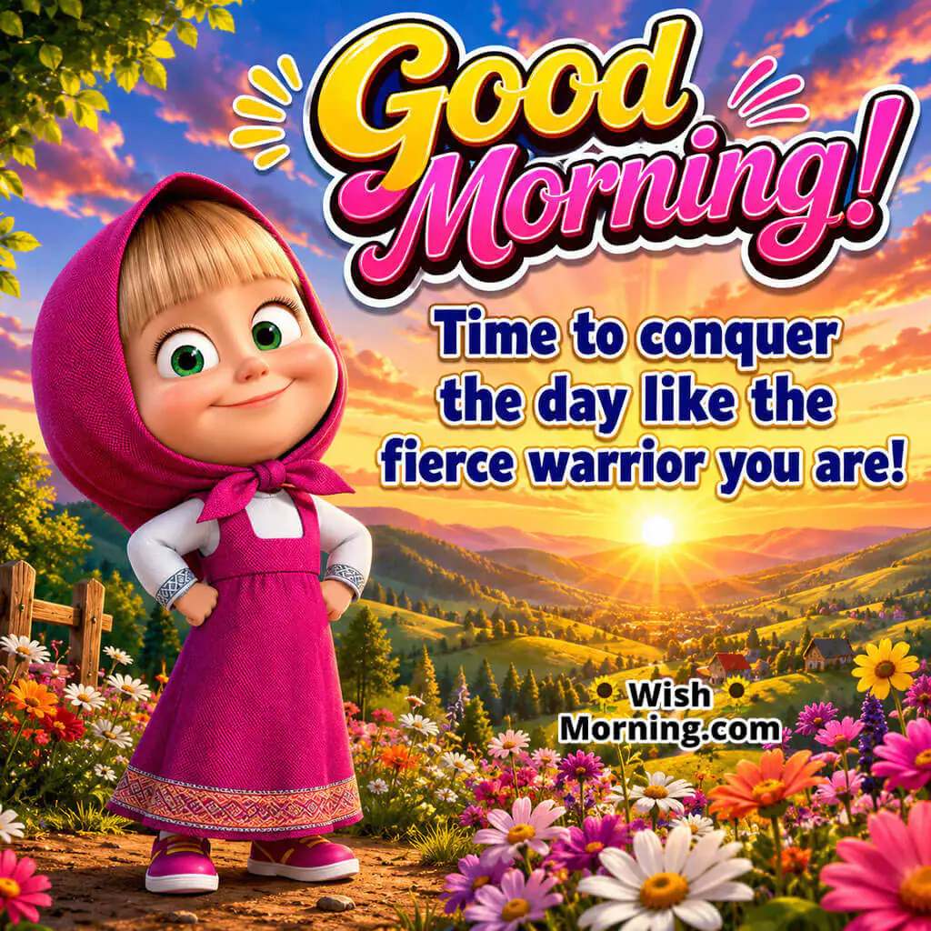 Good Morning Brave Masha Image featuring adorable Masha standing confidently before a sunrise, symbolising strength, courage, and determination.