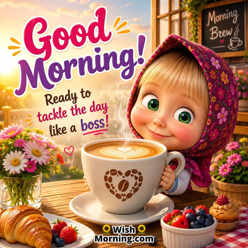 Good Morning Coffee Masha Image featuring adorable Masha peeking from behind a steaming coffee cup, symbolising confidence and a cheerful start to the day.