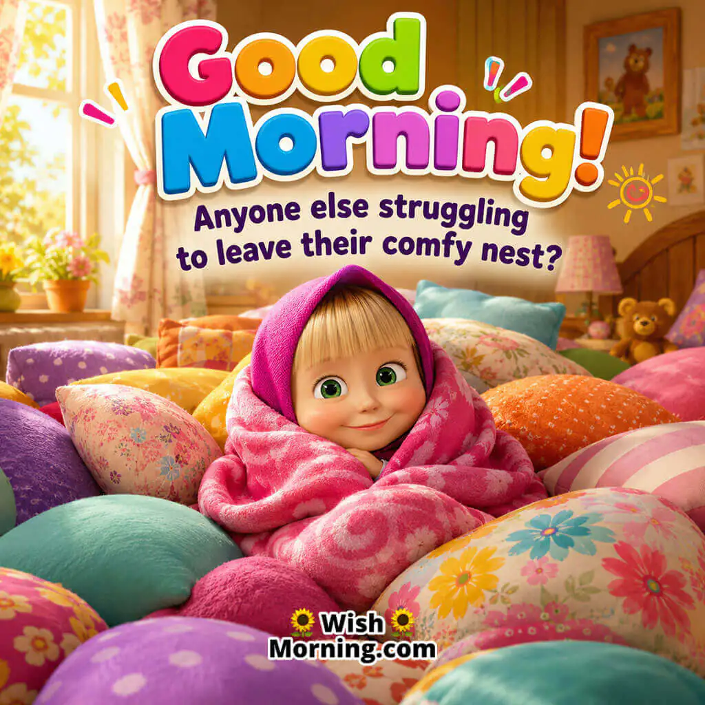 Good Morning Cozy Masha Image featuring adorable Masha surrounded by fluffy pillows, symbolising warmth, comfort, and sleepy mornings.
