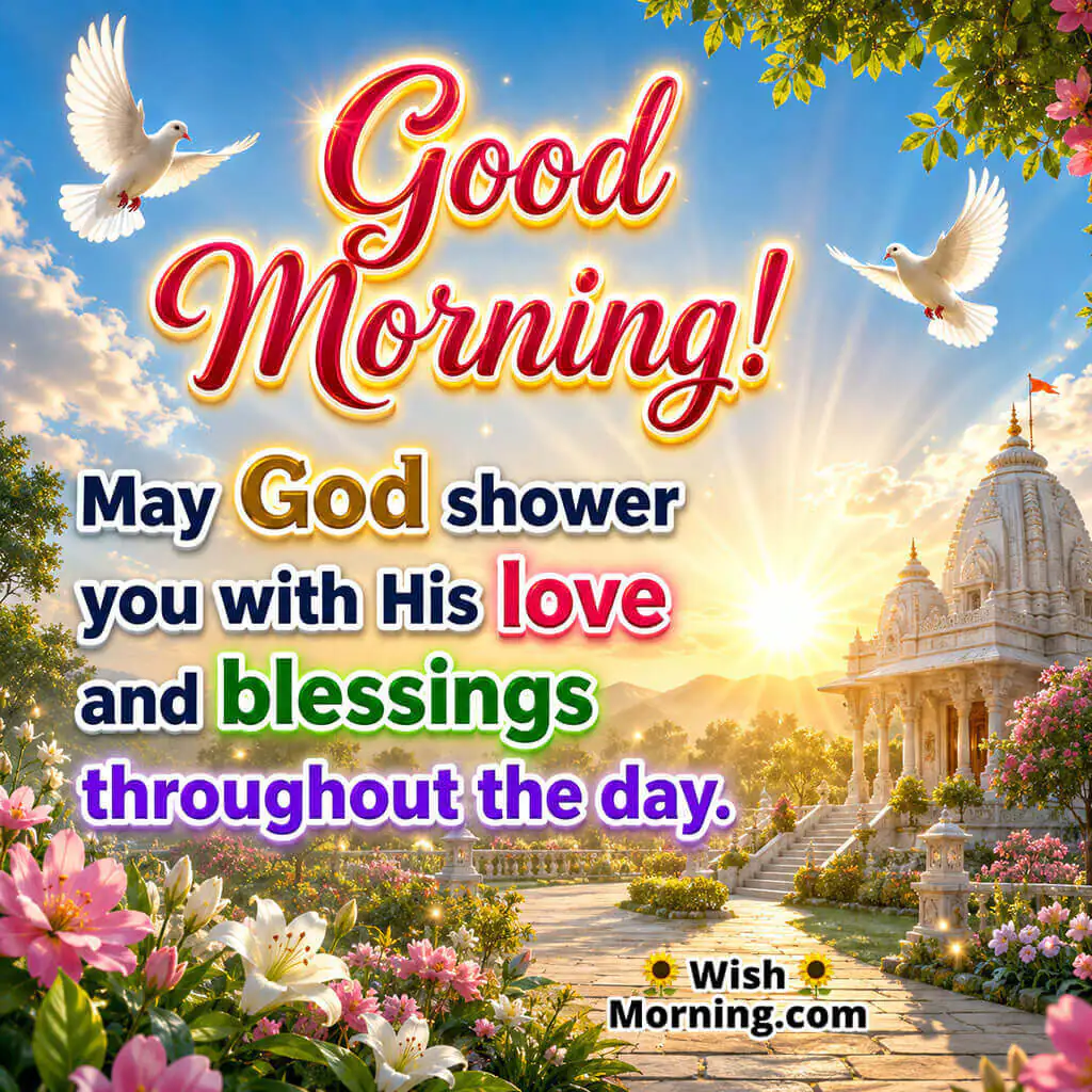 Good Morning Divine Temple Blessings Image featuring a majestic white temple, glowing sunrise, blooming garden flowers, and graceful doves symbolizing faith, God's love, and heavenly blessings.