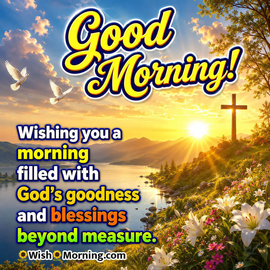 Good Morning Faith and Abundant Blessings Image featuring a glowing cross on a scenic hill, white lilies, peaceful river, and morning sunlight symbolizing faith, God's goodness, and abundant blessings.