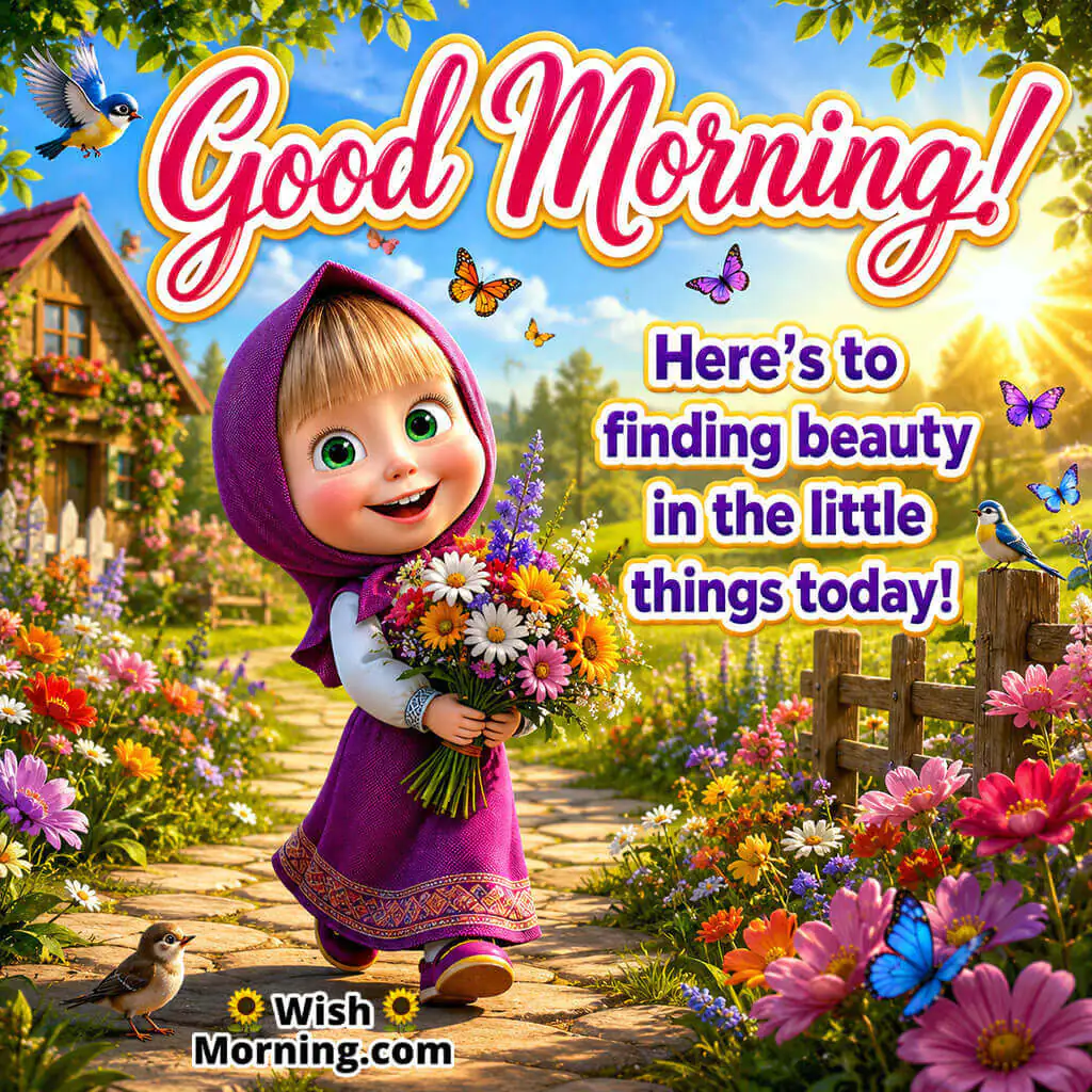 Good Morning Flower Masha Image featuring adorable Masha holding freshly picked flowers in a blooming garden, symbolising gratitude and appreciation for life’s simple joys.