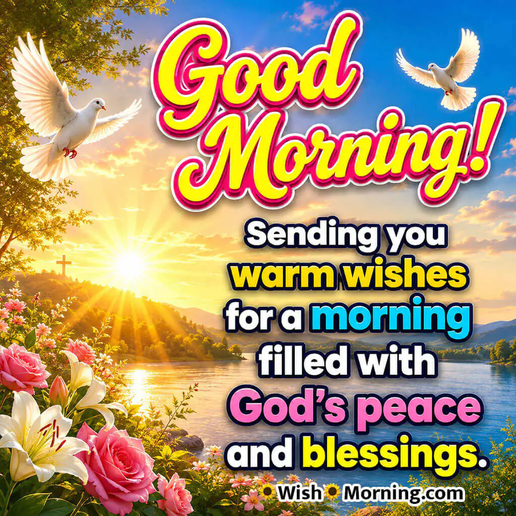Good Morning God Bless You Sunrise Wishes Image featuring white doves soaring above a peaceful lake, blooming roses and lilies, and a radiant sunrise symbolizing God's peace, warmth, and blessings for the day.