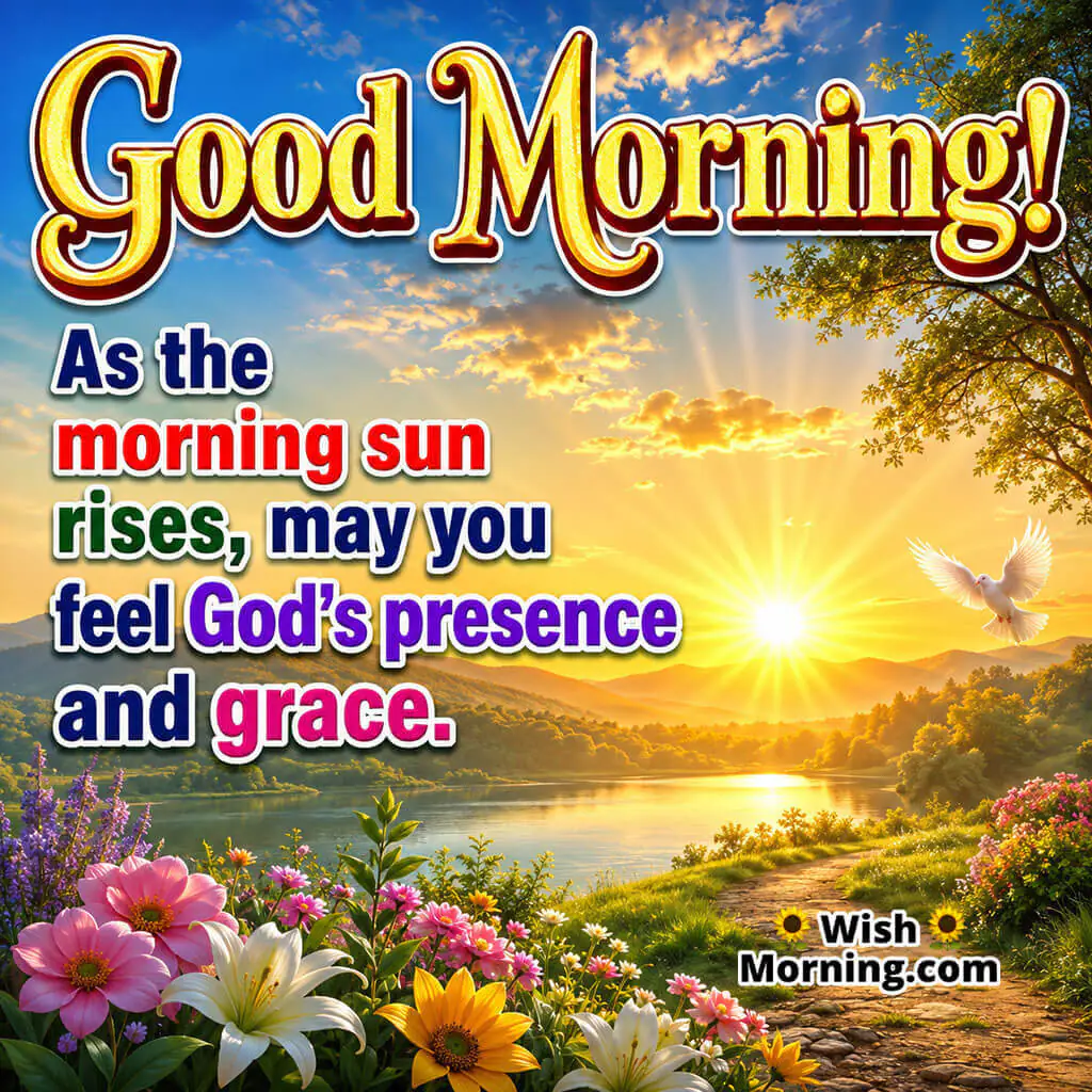 Good Morning Grace Filled Sunrise Image featuring a golden sunrise over a tranquil river, colourful wildflowers, and a flying white dove symbolizing God's grace, hope, and a peaceful new beginning.