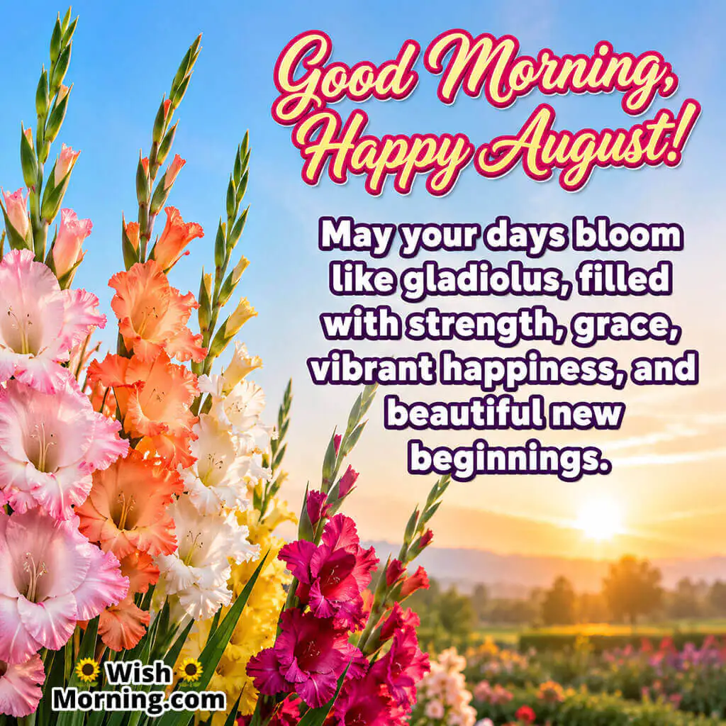 Good Morning Happy August Gladiolus Flower Image featuring colourful gladiolus flowers glowing in the morning light, symbolizing strength, grace, confidence, and vibrant August blessings.