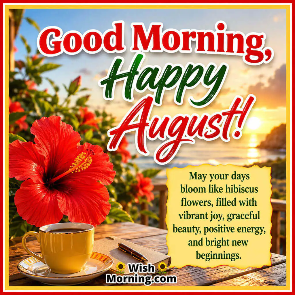 Good Morning Happy August Hibiscus Blessings Image featuring a vibrant red hibiscus, morning coffee, and a peaceful sunrise by the sea, symbolizing beauty, positive energy, and fresh August beginnings.