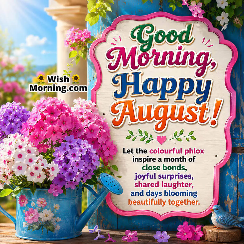 Good Morning Happy August Phlox Garden Image featuring colourful phlox flowers, a charming garden sign, and a cheerful bluebird, symbolizing friendship, shared joy, blooming relationships, and a beautiful August.