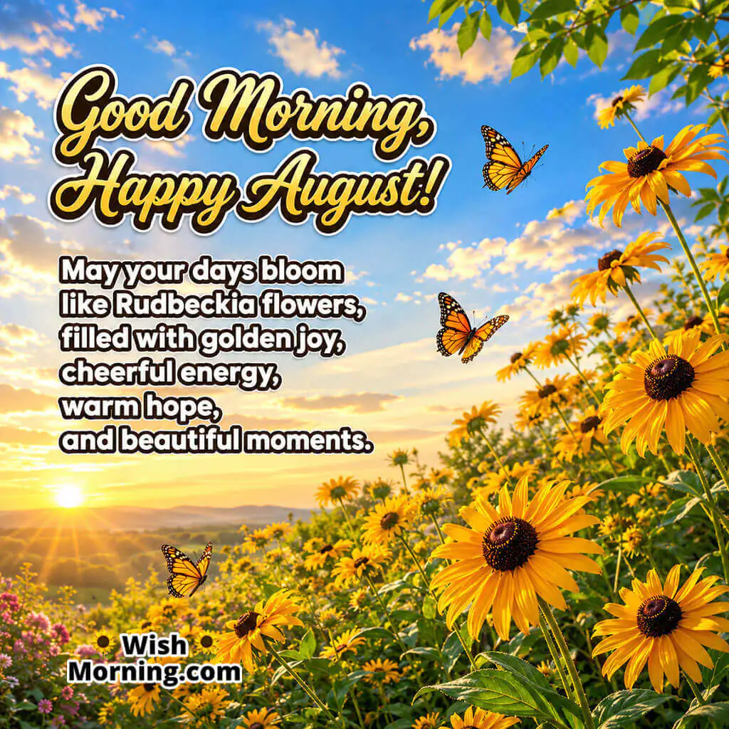 Good Morning Happy August Rudbeckia Flowers Image featuring blooming Rudbeckia flowers, fluttering butterflies, and a golden sunrise, symbolizing cheerful energy, warmth, and joyful August mornings.