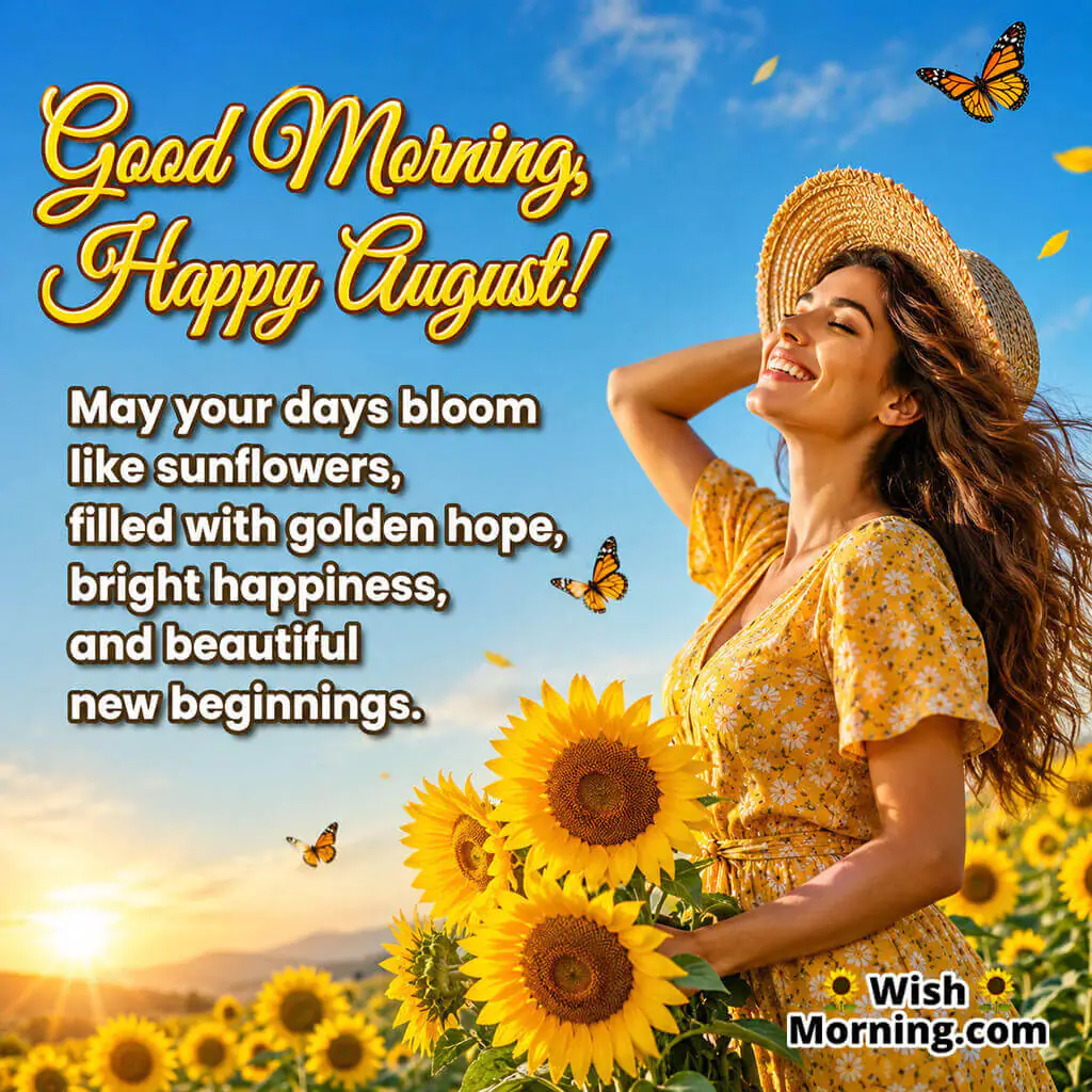 Good Morning Happy August Sunflower Wishes Image featuring a smiling woman holding bright sunflowers beneath a clear summer sky, symbolizing golden hope, happiness, and beautiful new beginnings.