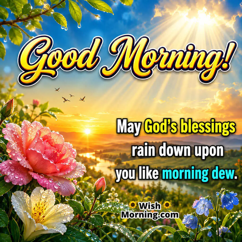Good Morning Heavenly Morning Dew Blessings Image featuring dew-covered roses, colourful blossoms, sparkling morning light, and a serene countryside landscape symbolizing God's refreshing blessings, hope, and renewal.